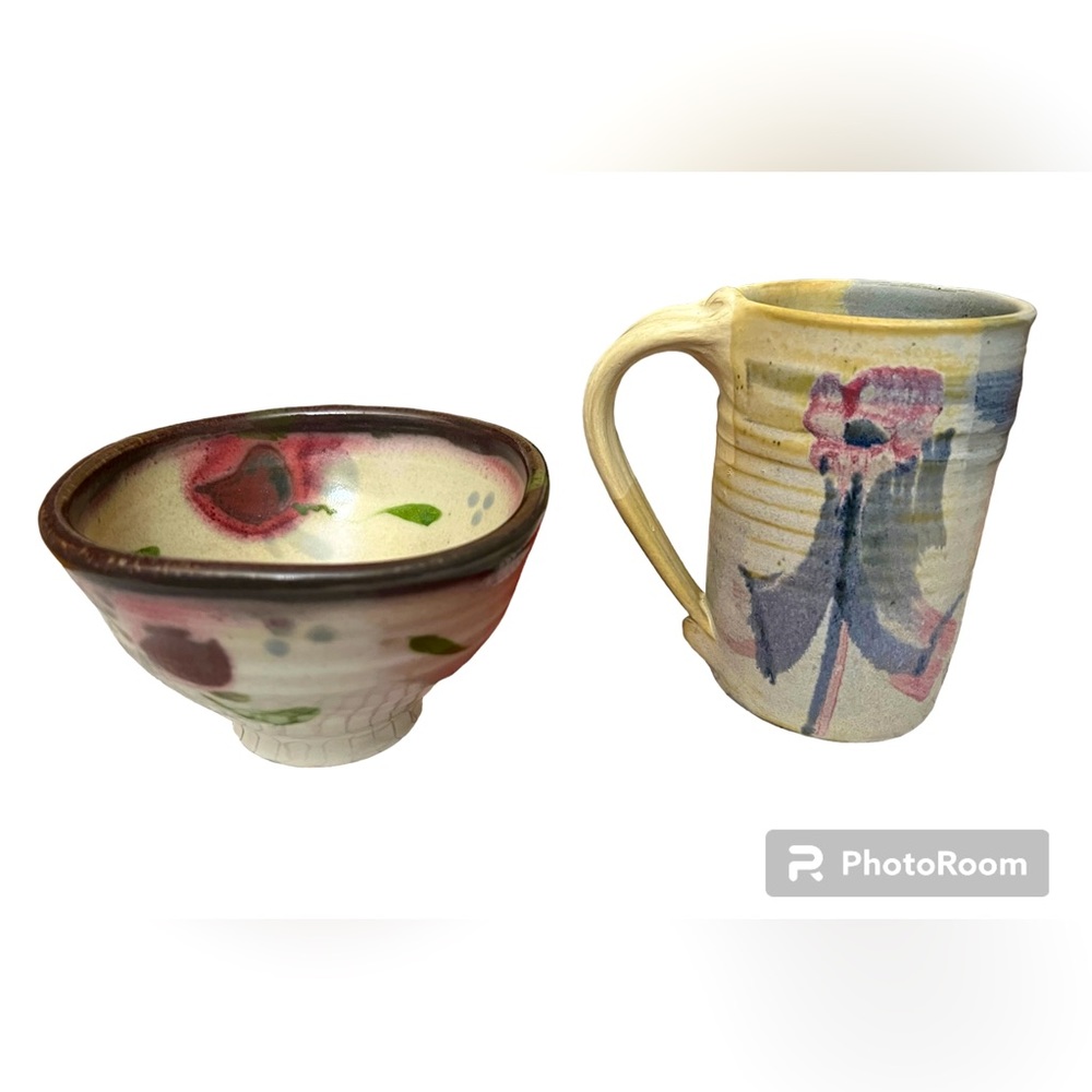 Pair Art Pottery Pieces of Mug & Bowl Floral Design both Signed by Artist NEW
